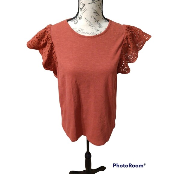 J crew eyelet Flutter sleeve top Paprika md Paprika Boho Feminine Cottage Core - Picture 1 of 6